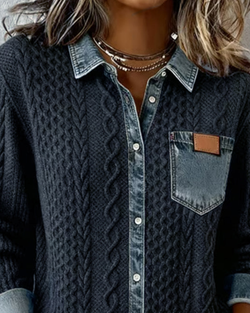 Sierra | Women's Cable-Knit Denim-Trim Button-Front Long Sleeve Shirt