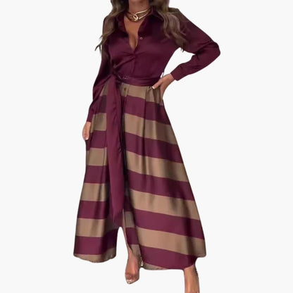Seraphina | Women's Satin Collared Long Sleeve Striped Maxi Dress