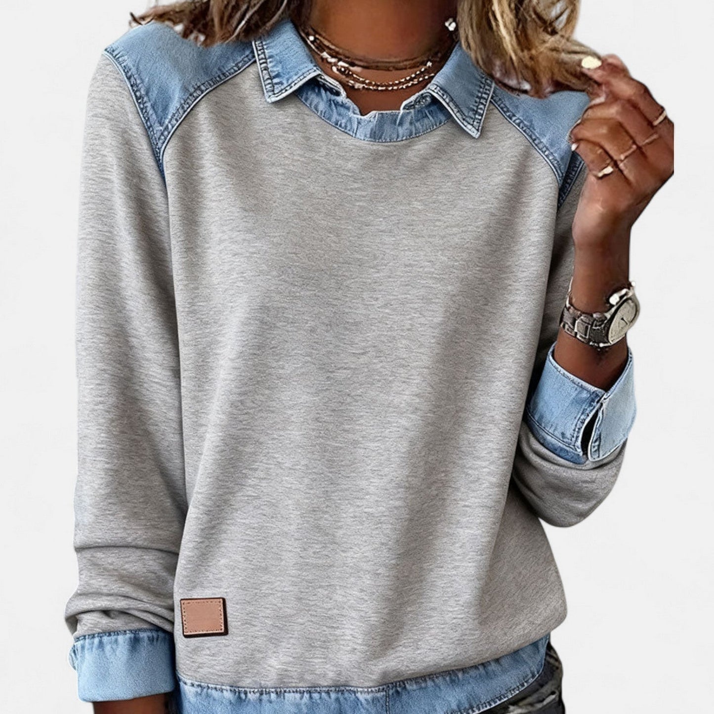 Denby | Women's Denim Trim Collared Colorblock Long Sleeve Sweatshirt