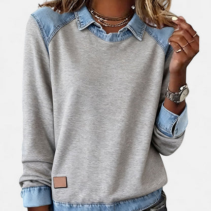 Denby | Women's Denim Trim Collared Colorblock Long Sleeve Sweatshirt
