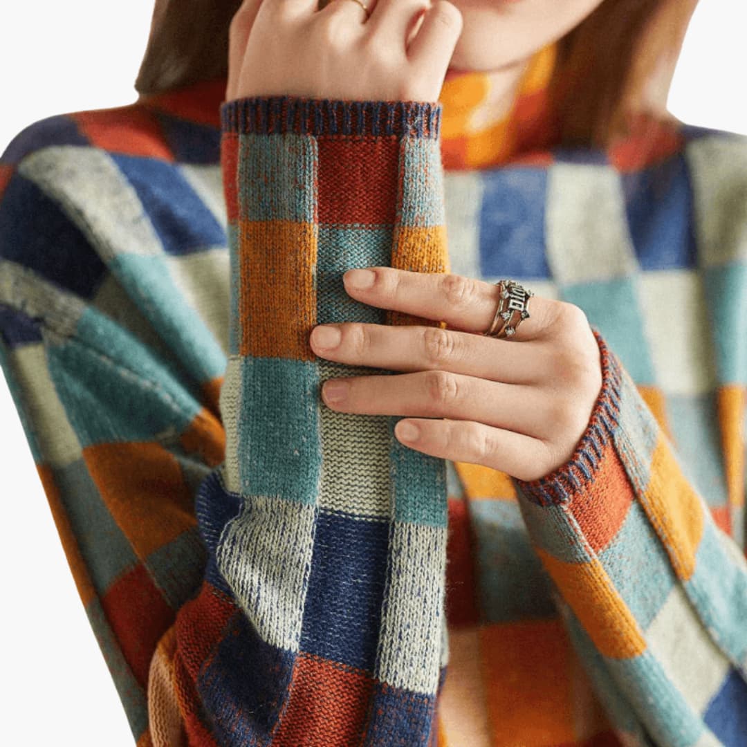 Marlowe | Women's Patchwork Turtleneck Relaxed Knit Sweater