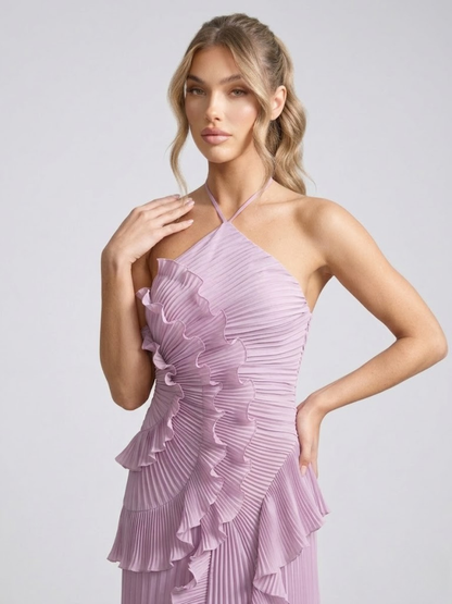 Cleo | Pleated Ruffle Halter Neck Maxi Wedding Guest Dress