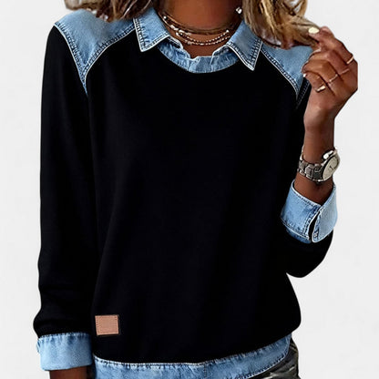 Denby | Women's Denim Trim Collared Colorblock Long Sleeve Sweatshirt