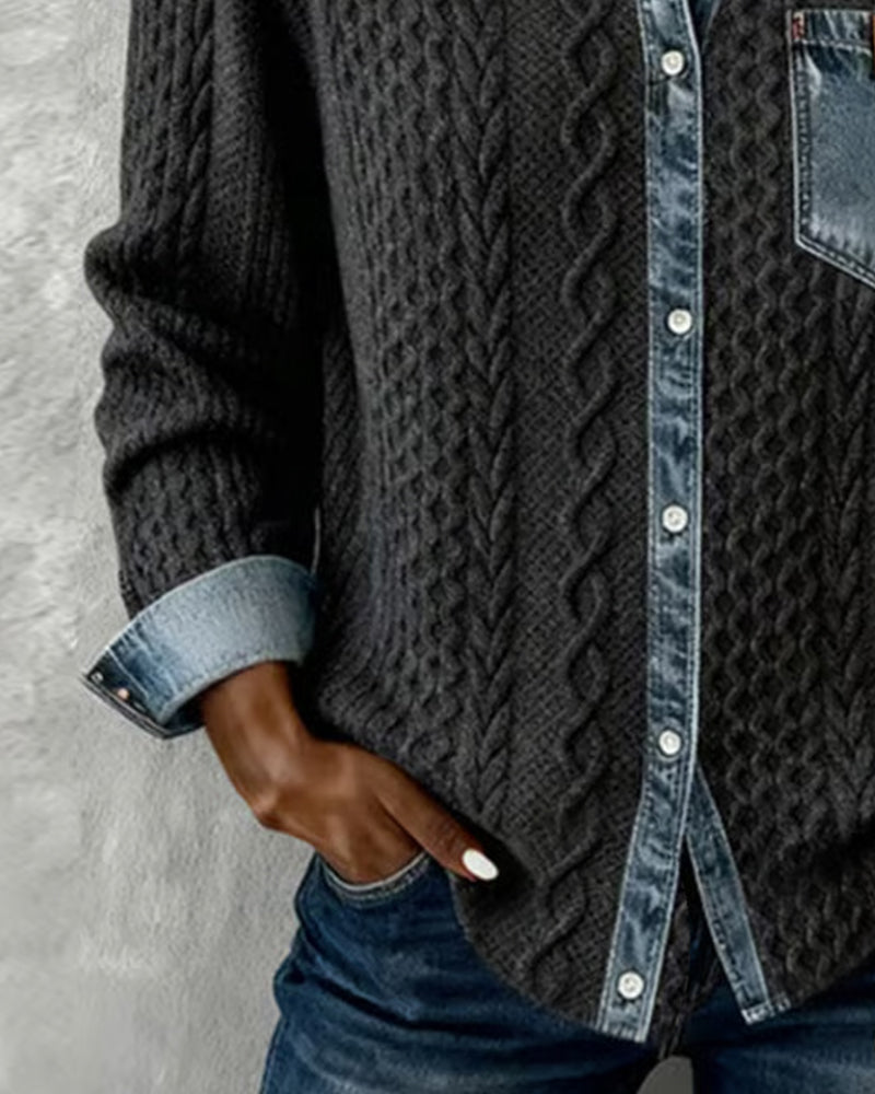 Sierra | Women's Cable-Knit Denim-Trim Button-Front Long Sleeve Shirt