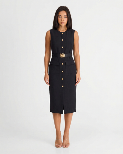 Kate | Sleeveless Button Front Tailored Office Midi Dress