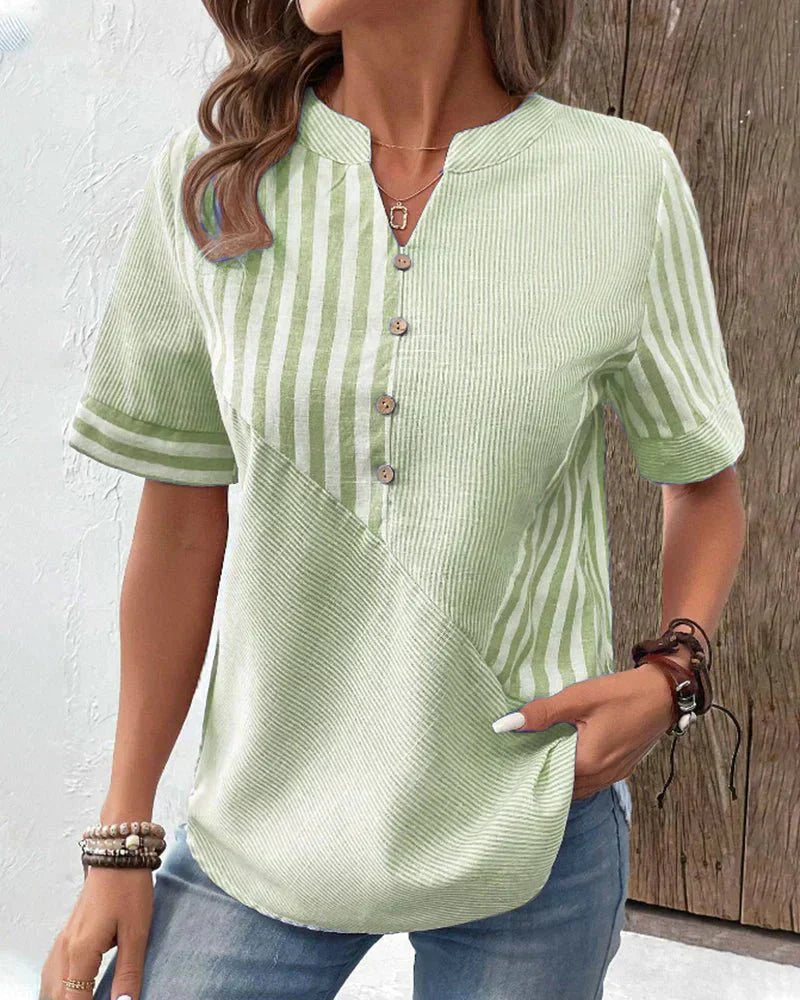 Monroe | Striped Colorblock Stand Collar Short Sleeve Casual Top