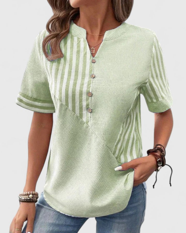 Gigi | Striped Colorblock Stand Collar Short Sleeve Casual Blouse
