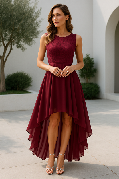 Kaitlyn | Lace Bodice Scoop Neck High Low Chiffon Elegant Wedding Guest Dress