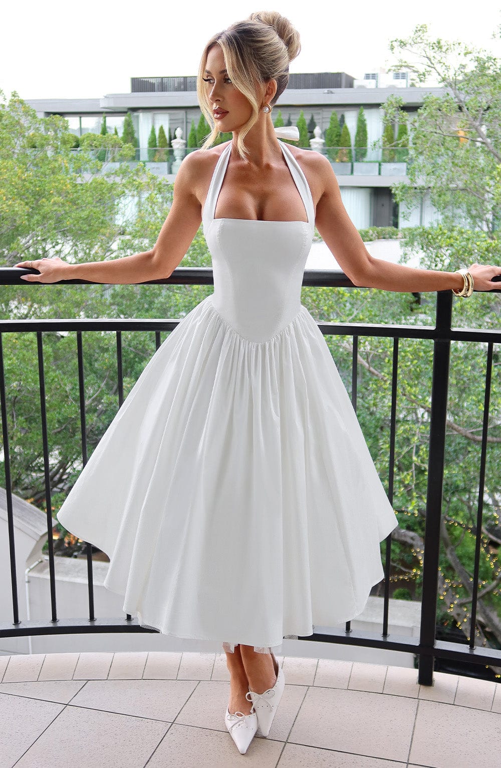 Chloe | Halter Tie Back Structured Bodice Voluminous Midi Wedding Guest Dress