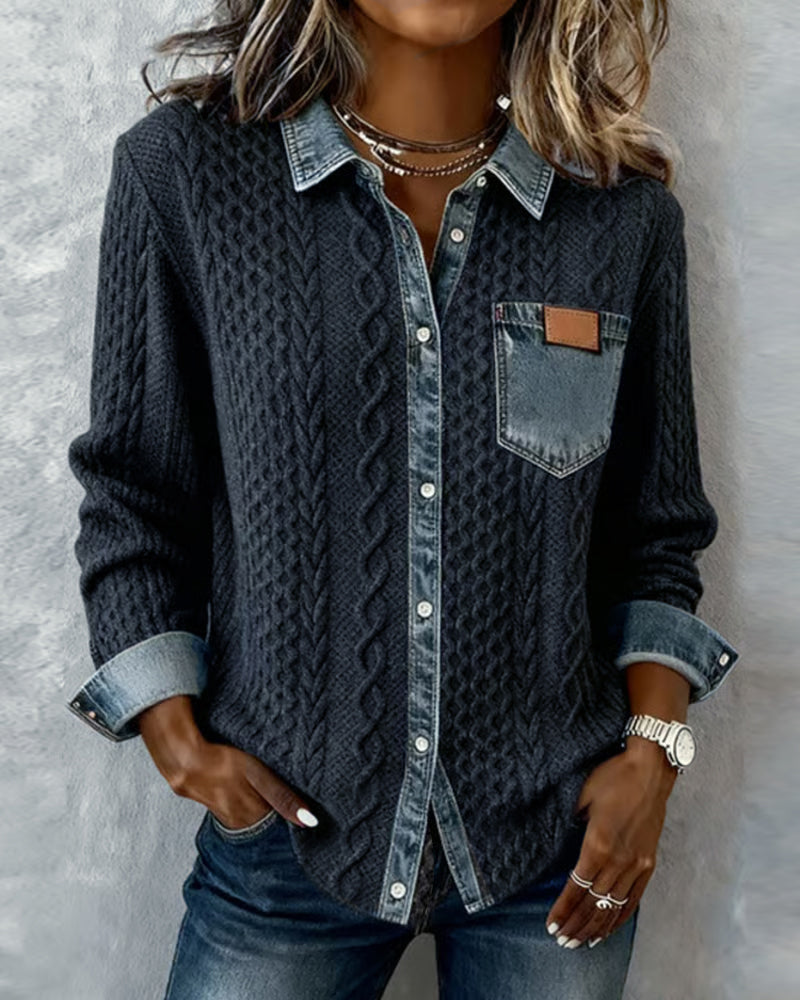Sierra | Women's Cable-Knit Denim-Trim Button-Front Long Sleeve Shirt