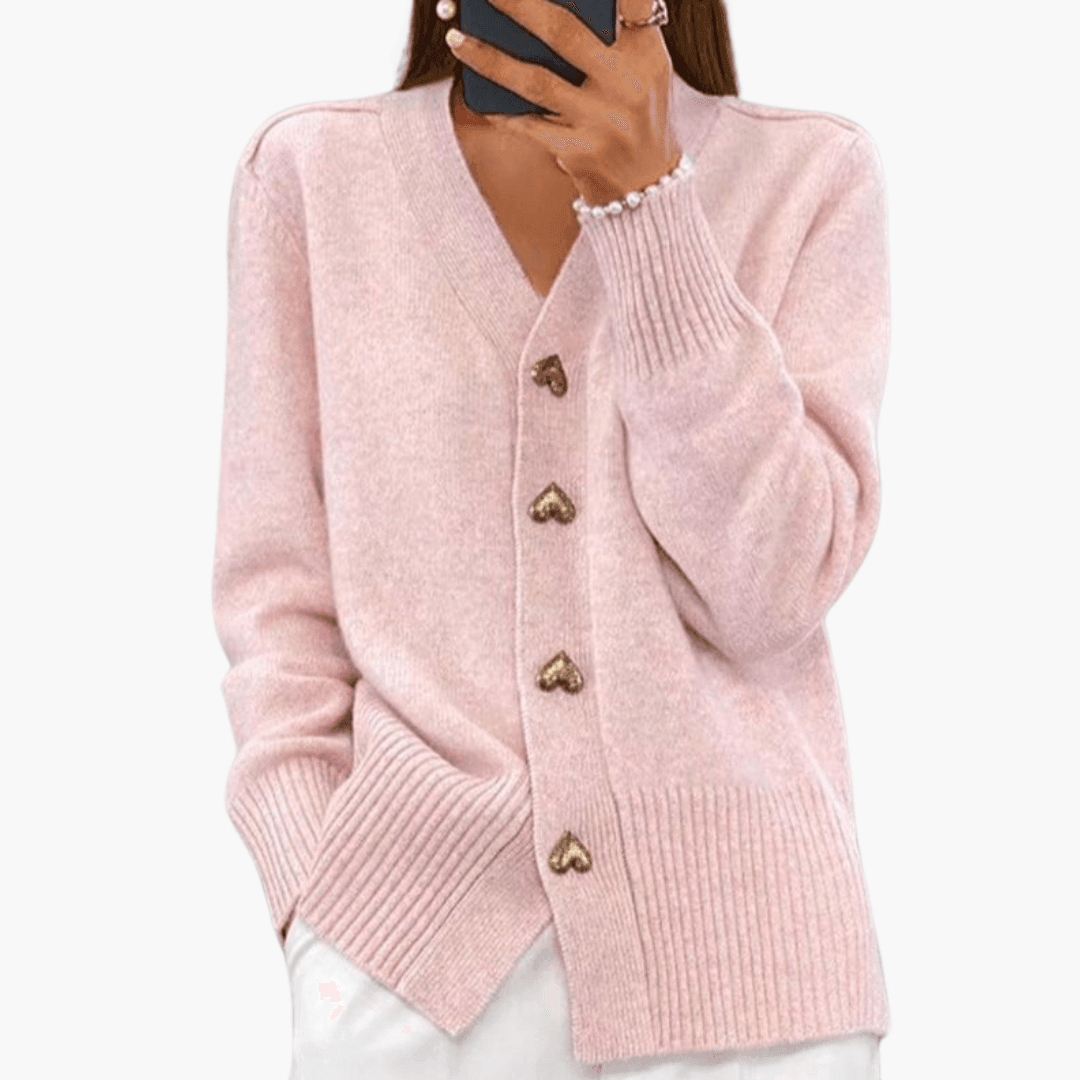 Elara | Women's Button-Up Knit Heart Button Long Sleeve Cardigan