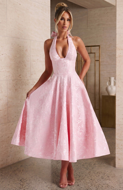 Hailey | Deep V Halter Neck Corset Bodice Jacquard A-Line Midi Wedding Guest Dress