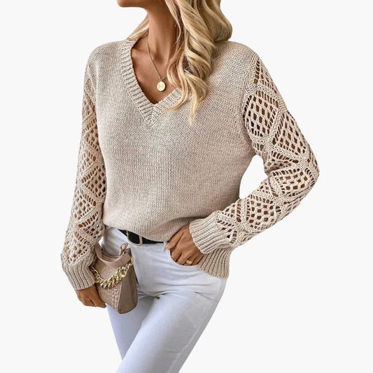 Marlowe | Women's Crochet Sleeve V-Neck Relaxed Fit Sweater