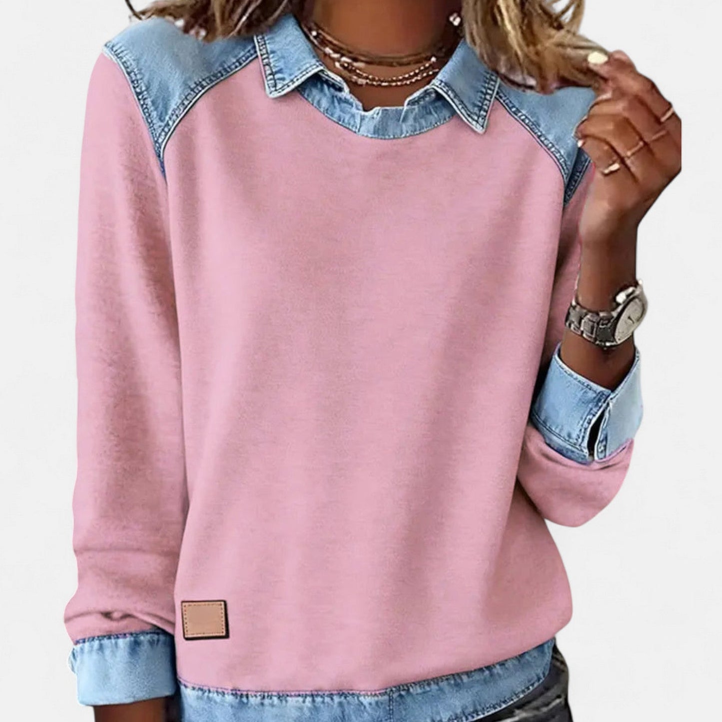 Denby | Women's Denim Trim Collared Colorblock Long Sleeve Sweatshirt