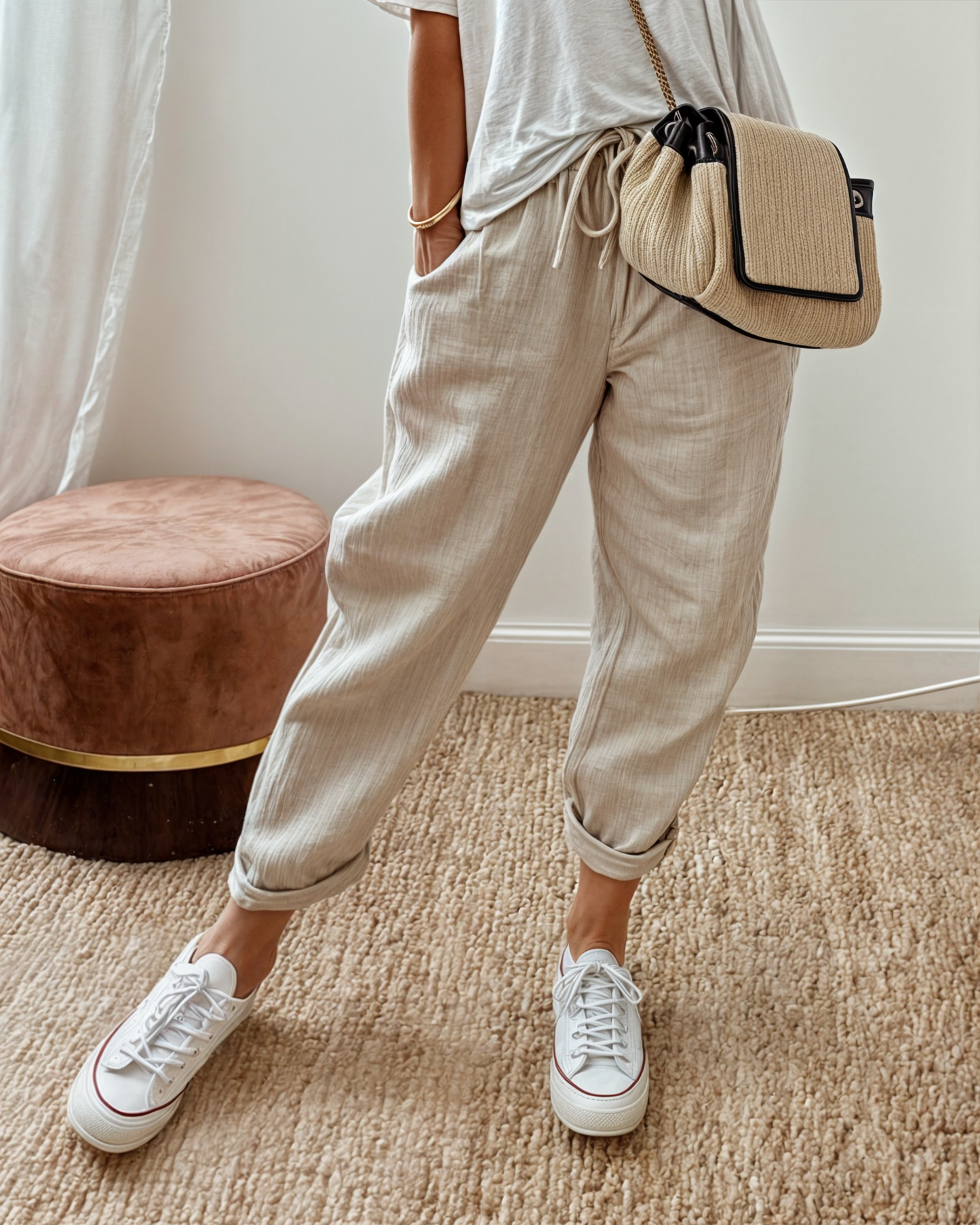 Lina | Elastic Drawstring Waist Relaxed Tapered Linen Blend Casual Pants