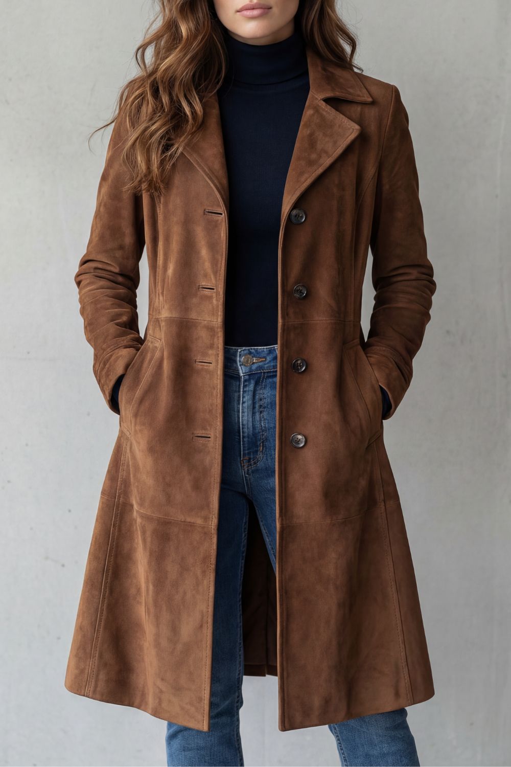 Coralene | Women's Suede-Effect Longline Tailored Notched Lapel Coat