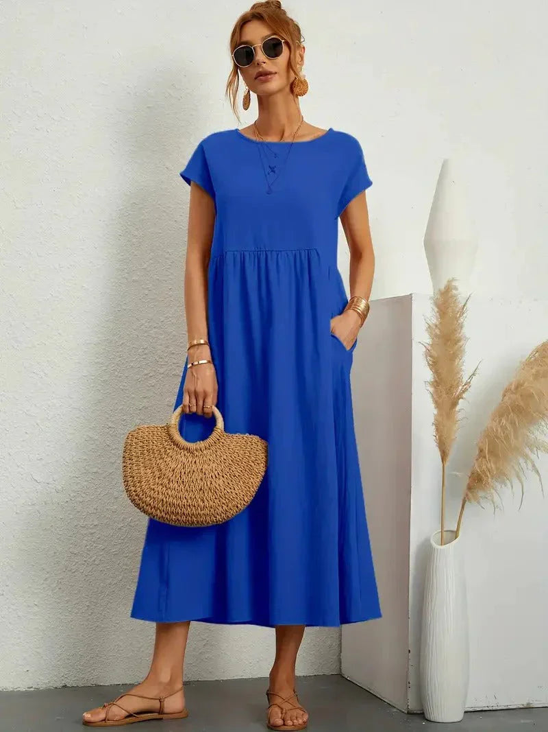 Sage | Round Neck Short Sleeve Gathered Waist Loose Maxi Casual Dress