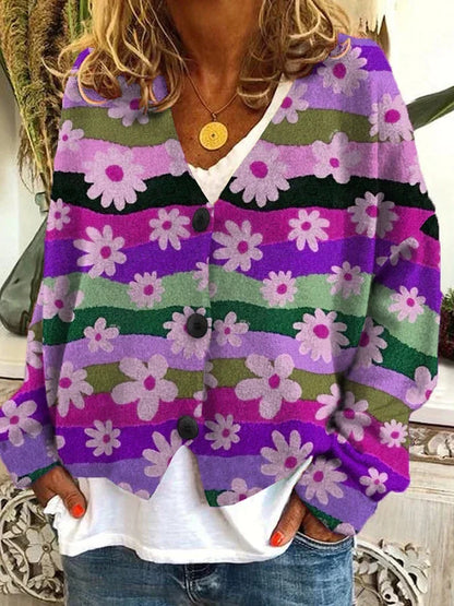 Petra | Women's Vintage-Inspired Floral Striped Button-Up Cardigan