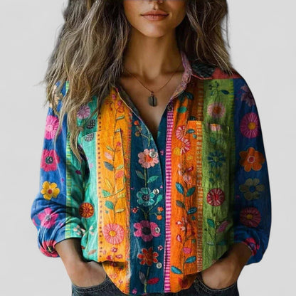 Lorenhilde | Colorblock Floral Long Sleeve Button Down Boho Blouse