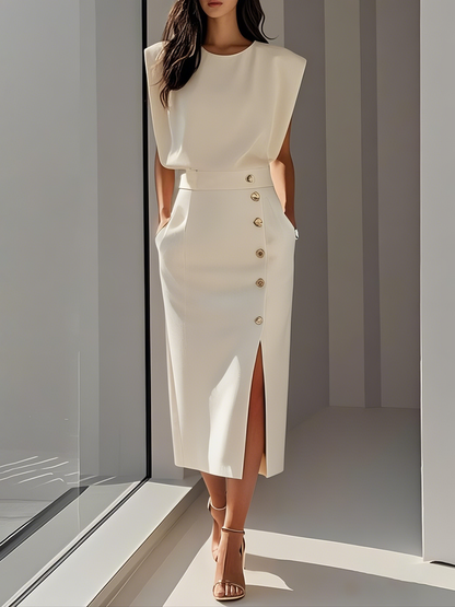 Quinn | Sleeveless Structured Shoulder Button Detail Fitted Midi Elegant Dress