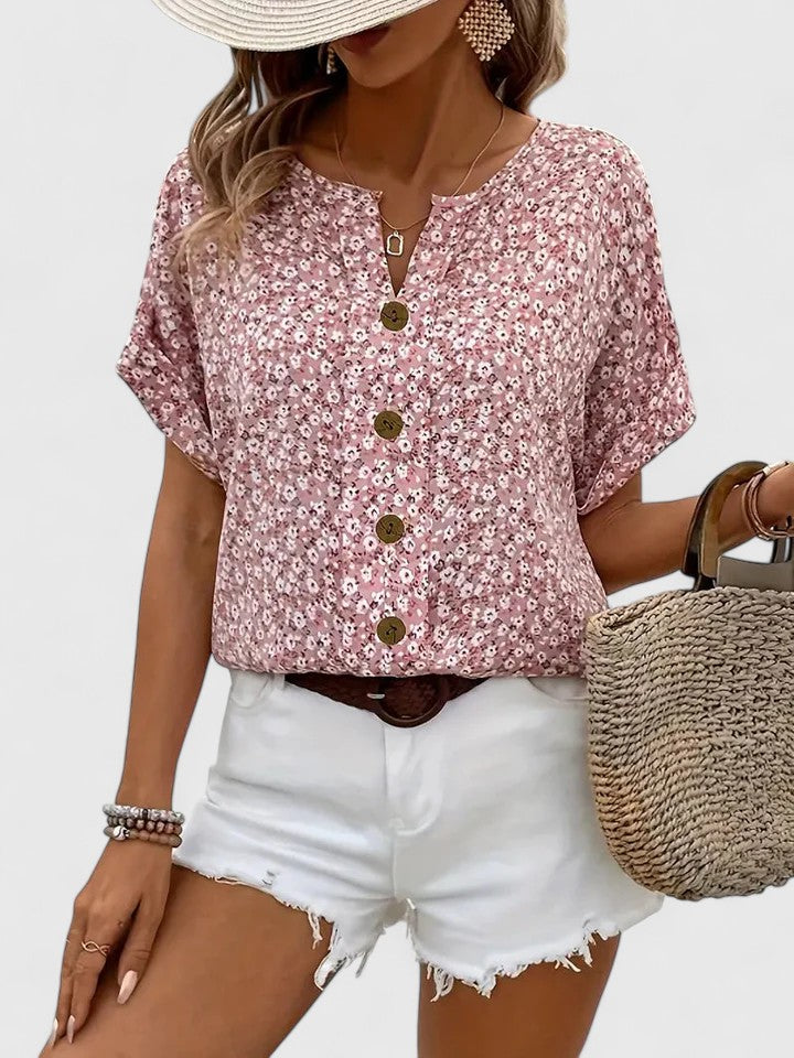 Sabine | Ditsy Floral Notch Neck Button Front Short Sleeve Casual Top