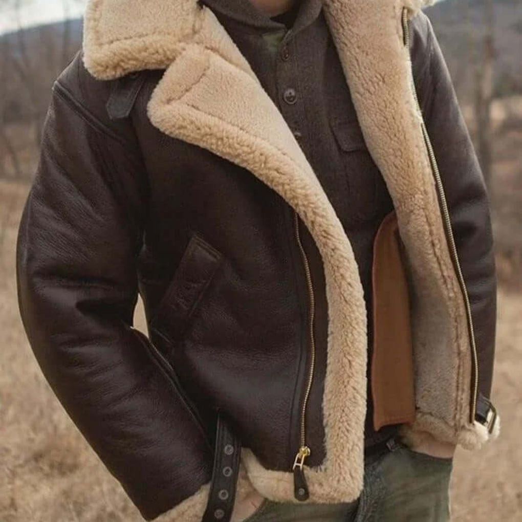 Bram | Men's Shearling Fur Trim Winter Aviator Leather Jacket