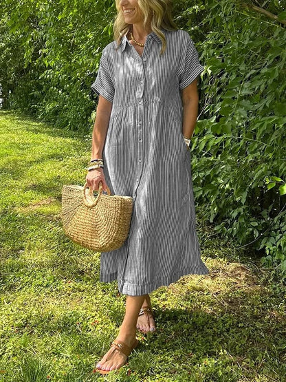 Brooke | Striped Button Up Collared Short Sleeve Casual Summer Midi Dress