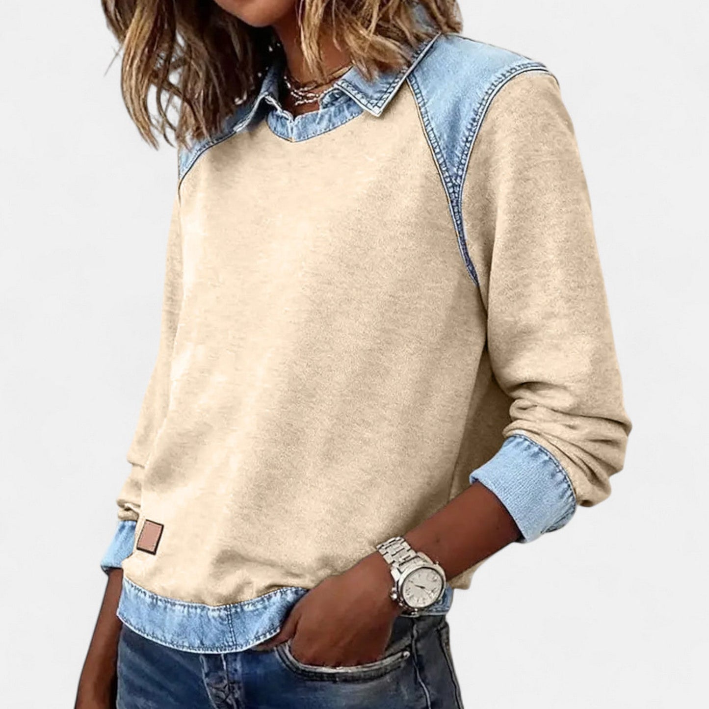 Denby | Women's Denim Trim Collared Colorblock Long Sleeve Sweatshirt