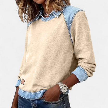Denby | Women's Denim Trim Collared Colorblock Long Sleeve Sweatshirt