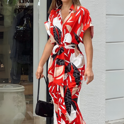 Addison | Abstract Print Collared Button Down Tie Waist Midi Shirt Dress
