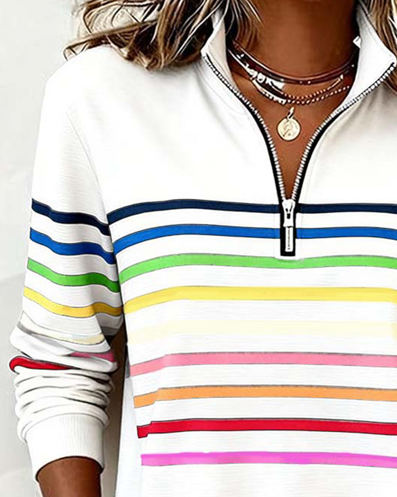 Remi | Multicolor Stripe Quarter Zip Stand Collar Casual Sweatshirt