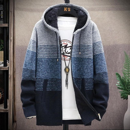 Everen | Men's Knitted Hooded Striped Fleece-Lined Cardigan