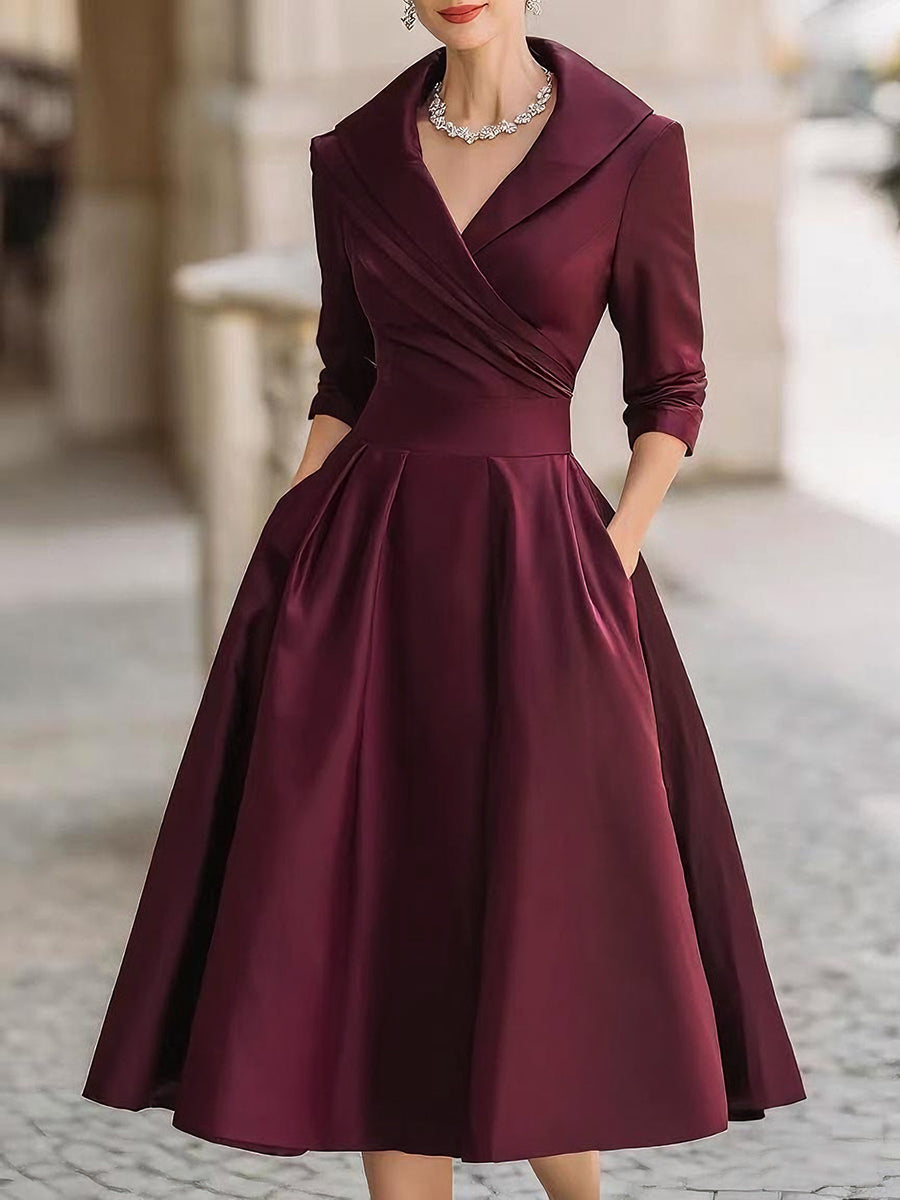 Reece | Satin Wrap Collar V Neck A-Line Midi Elegant Wedding Guest Dress