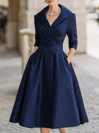 Reece | Satin Wrap Collar V Neck A-Line Midi Elegant Wedding Guest Dress