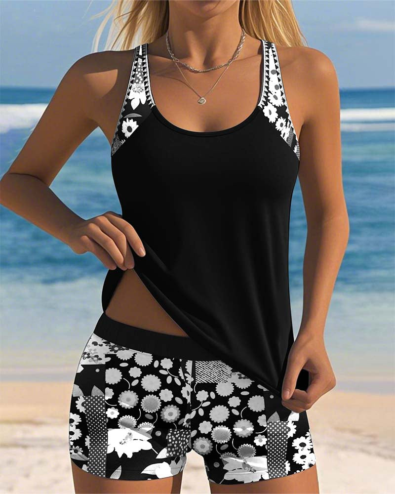 Melanie | Floral Print Racerback Tank Top With Shorts Two Piece Swimsuit