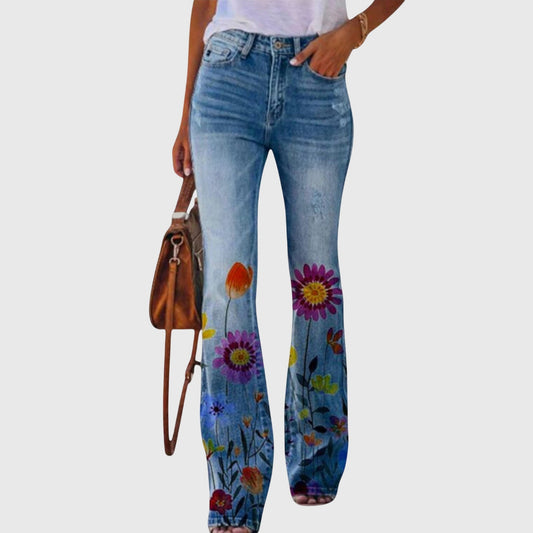 Marigold | Women's High-Waisted Floral Print Flare Denim Jeans