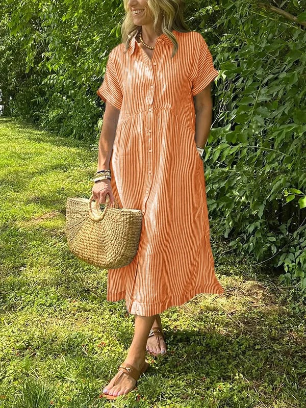 Brooke | Striped Button Up Collared Short Sleeve Casual Summer Midi Dress