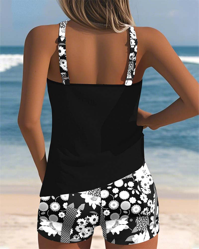Melanie | Floral Print Racerback Tank Top With Shorts Two Piece Swimsuit