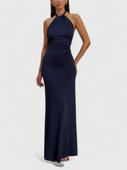 Vera | Twisted Halter Neck Ruched Open Back Bodycon Elegant Maxi Dress