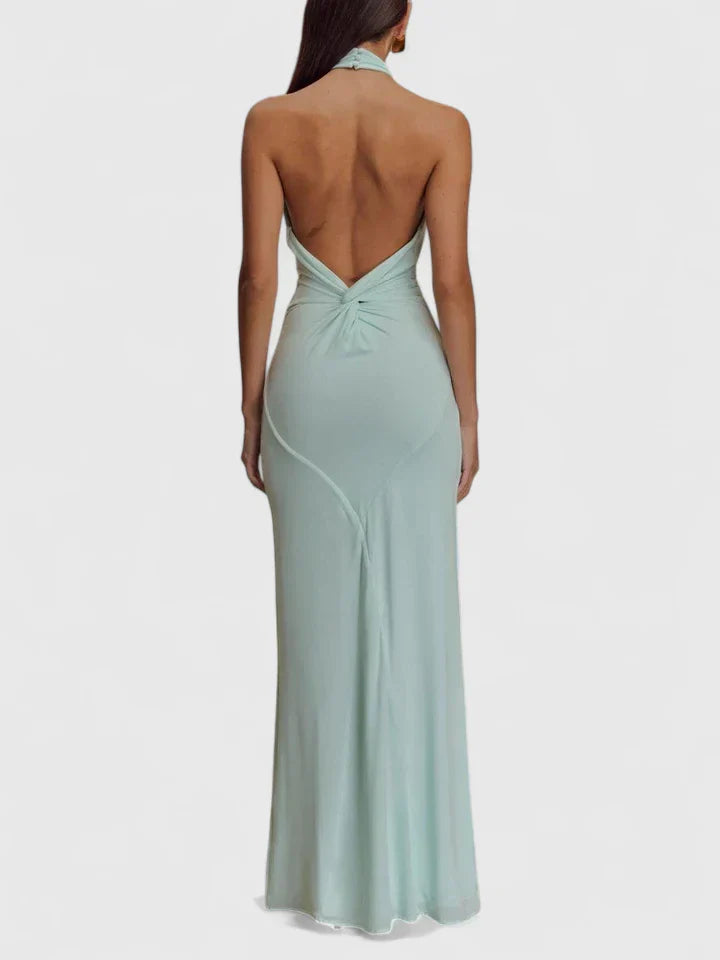 Vera | Twisted Halter Neck Ruched Open Back Bodycon Elegant Maxi Dress