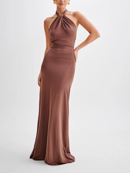 Vera | Twisted Halter Neck Ruched Open Back Bodycon Elegant Maxi Dress