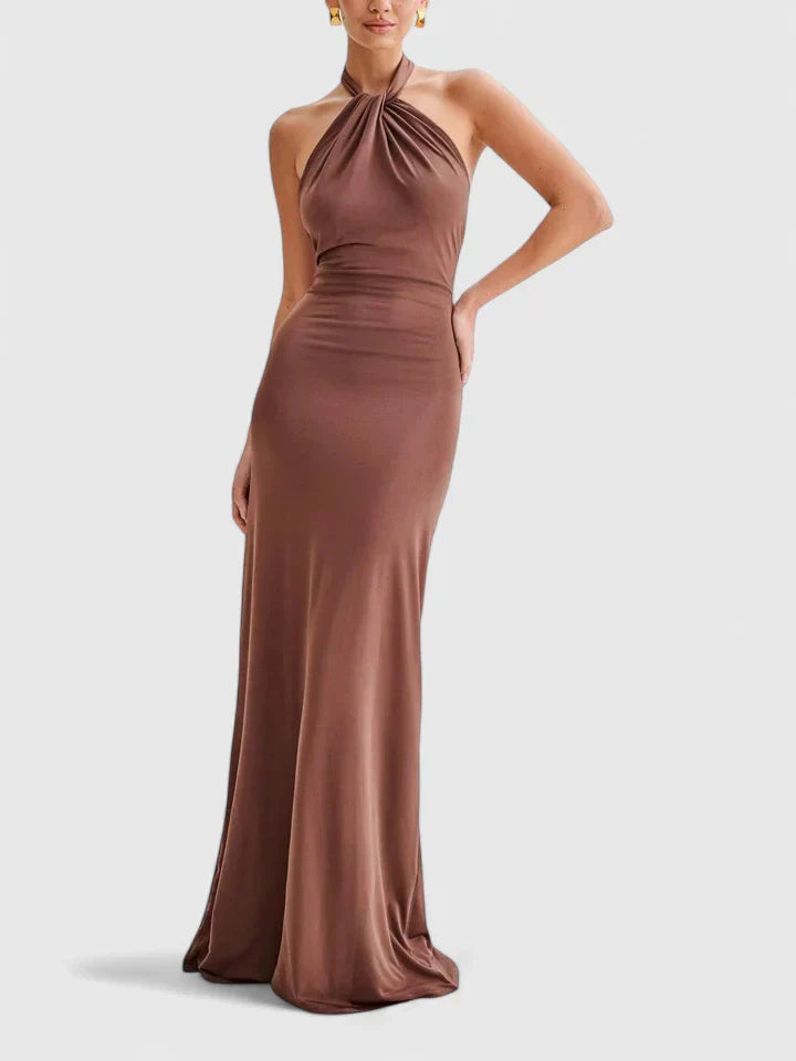 Vera | Twisted Halter Neck Ruched Open Back Bodycon Elegant Maxi Dress