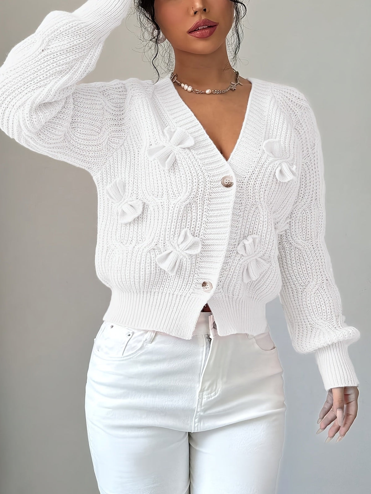 Rosalind | Women's Bow-Detail Cable Knit V-Neck Button-Front Cardigan