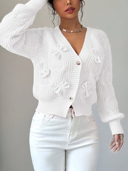 Rosalind | Women's Bow-Detail Cable Knit V-Neck Button-Front Cardigan