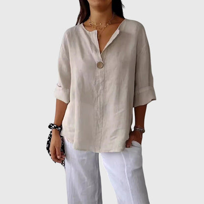 Valentina | V Neck Single Button 3/4 Sleeve Relaxed Casual Blouse