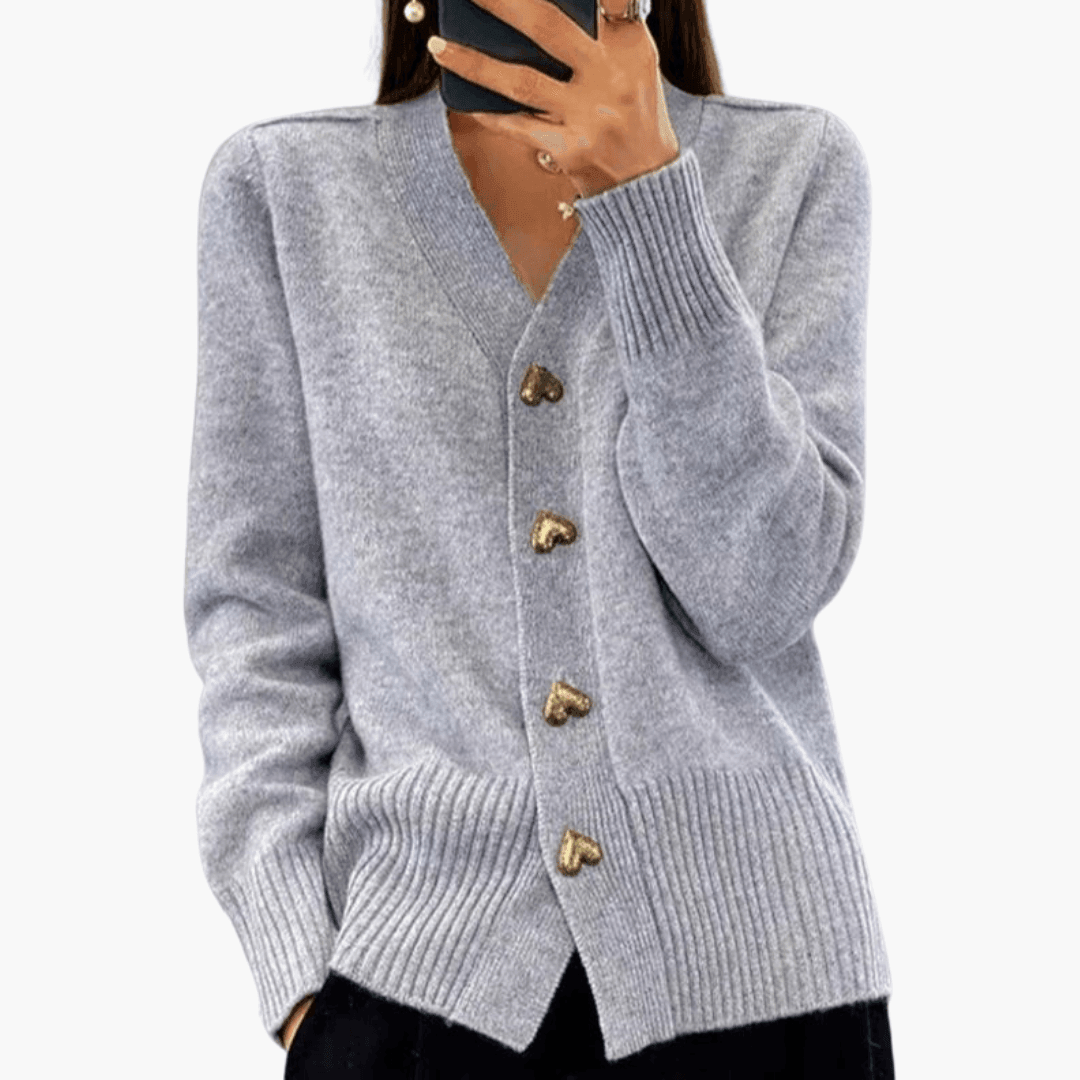 Elara | Women's Button-Up Knit Heart Button Long Sleeve Cardigan