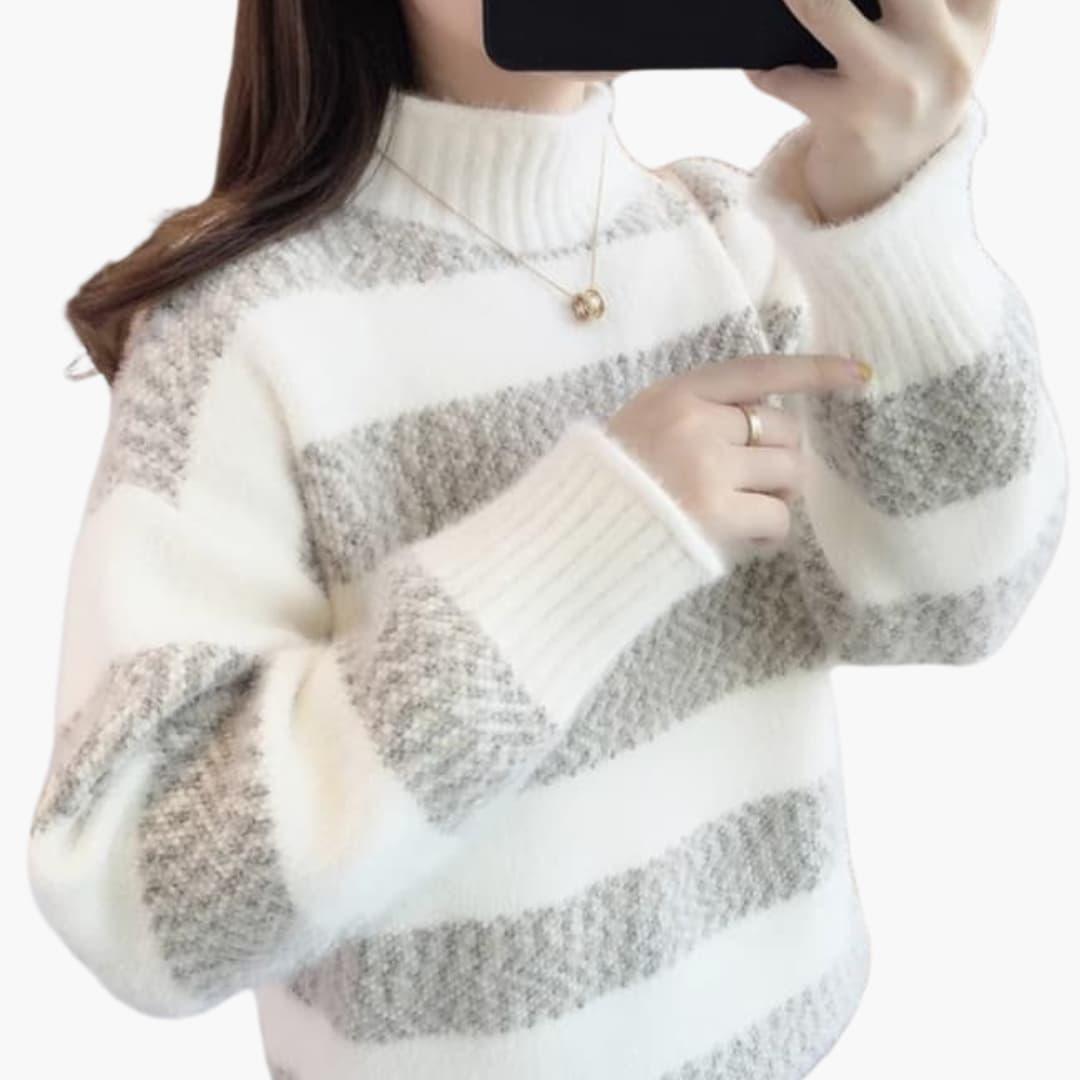 Freya | Women's Mock Neck Striped Fuzzy Knit Sweater