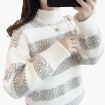 Freya | Women's Mock Neck Striped Fuzzy Knit Sweater