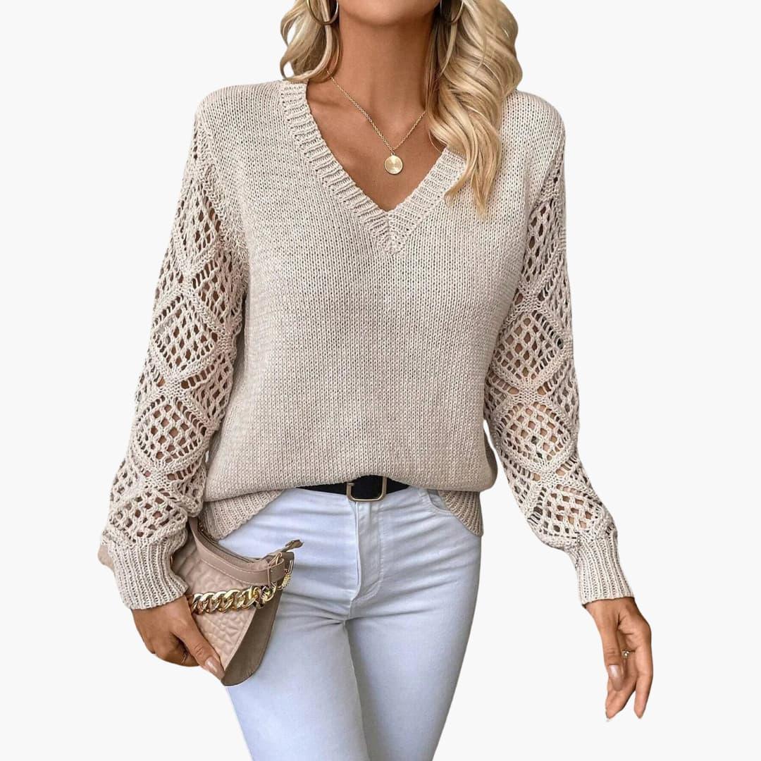 Marlowe | Women's Crochet Sleeve V-Neck Relaxed Fit Sweater