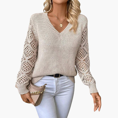 Marlowe | Women's Crochet Sleeve V-Neck Relaxed Fit Sweater